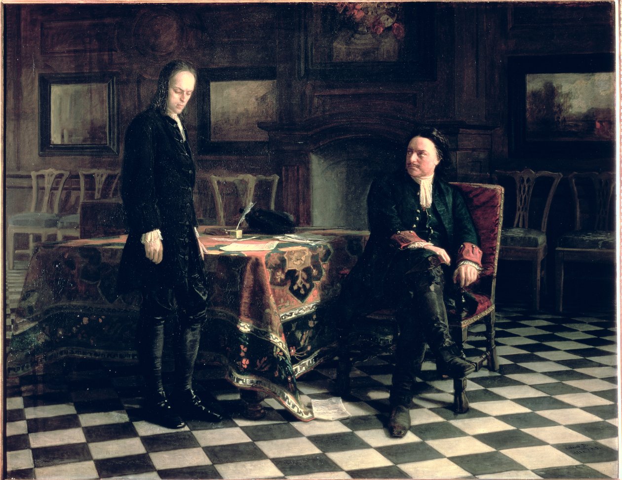 Peter der Große verhört Zarewitsch Alexei Petrowitsch in Peterhof, 1871 von Nikolai Nikolaevich Ge