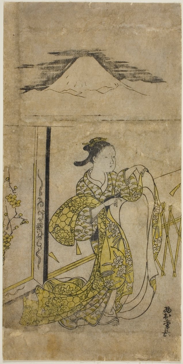 Frau hält Kimono mit Mt. Fuji im Hintergrund von Nishimura Shigenaga