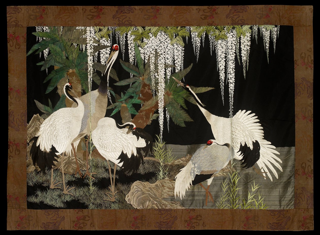 Kraniche, Palmfarne und Glyzinien von Nishimura Sozaemon
