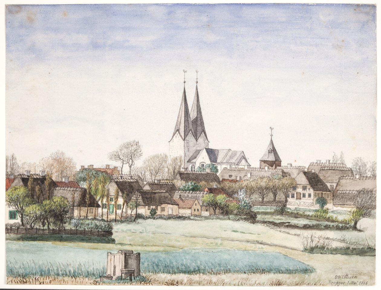 Dorf mit Kirche. Broager von O.D. Ottesen