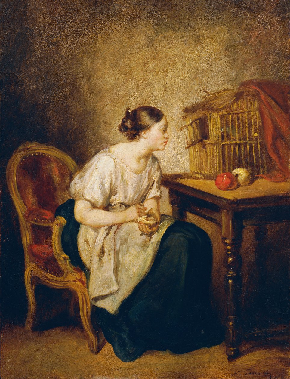 Junge Frau mit Vogelkäfig von Octave Nicolas Francois Tassaert