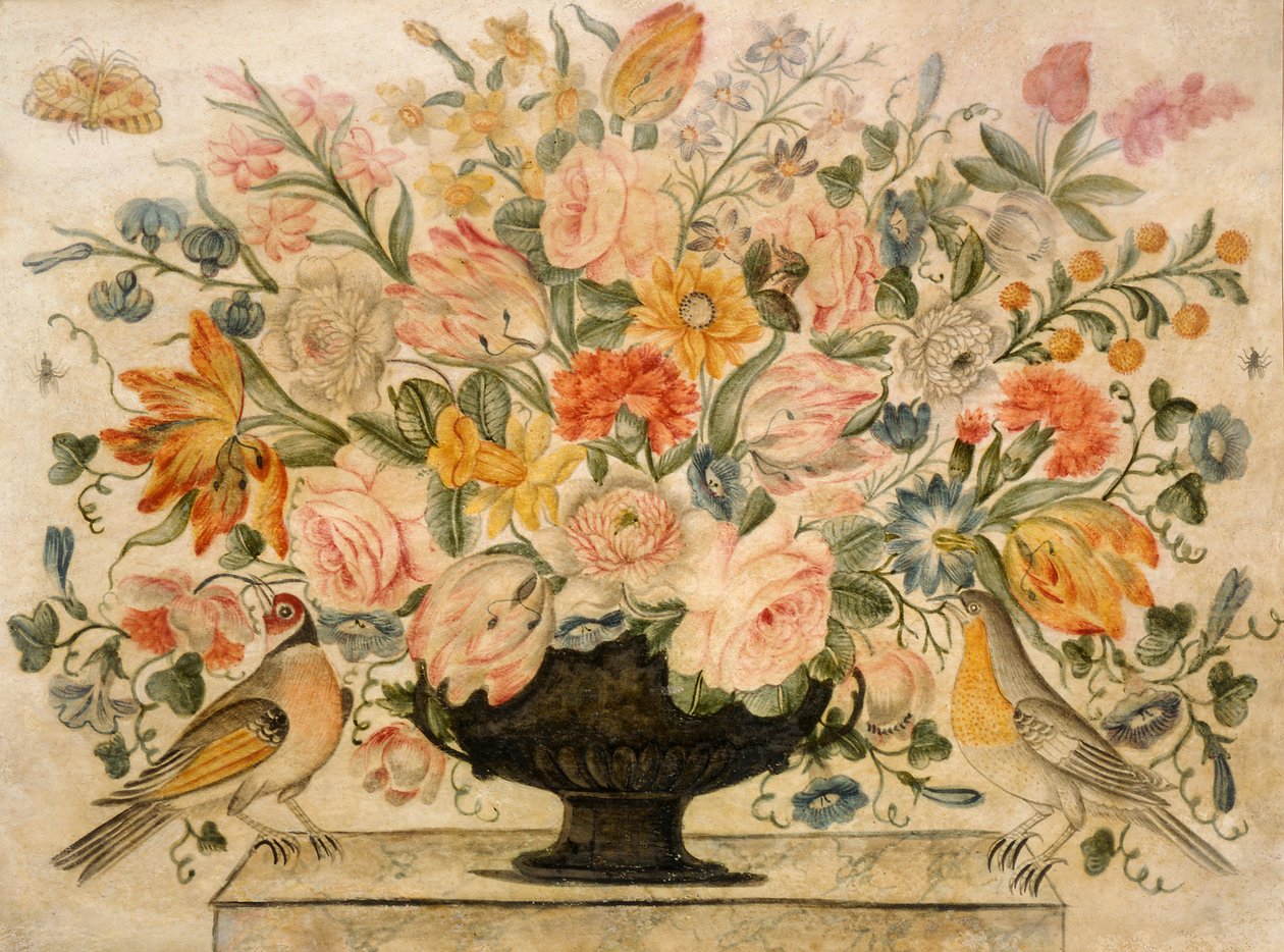 Eine Urne mit Blumen auf einem Sims mit zwei Vögeln, 1600 von Octavianus Montfort