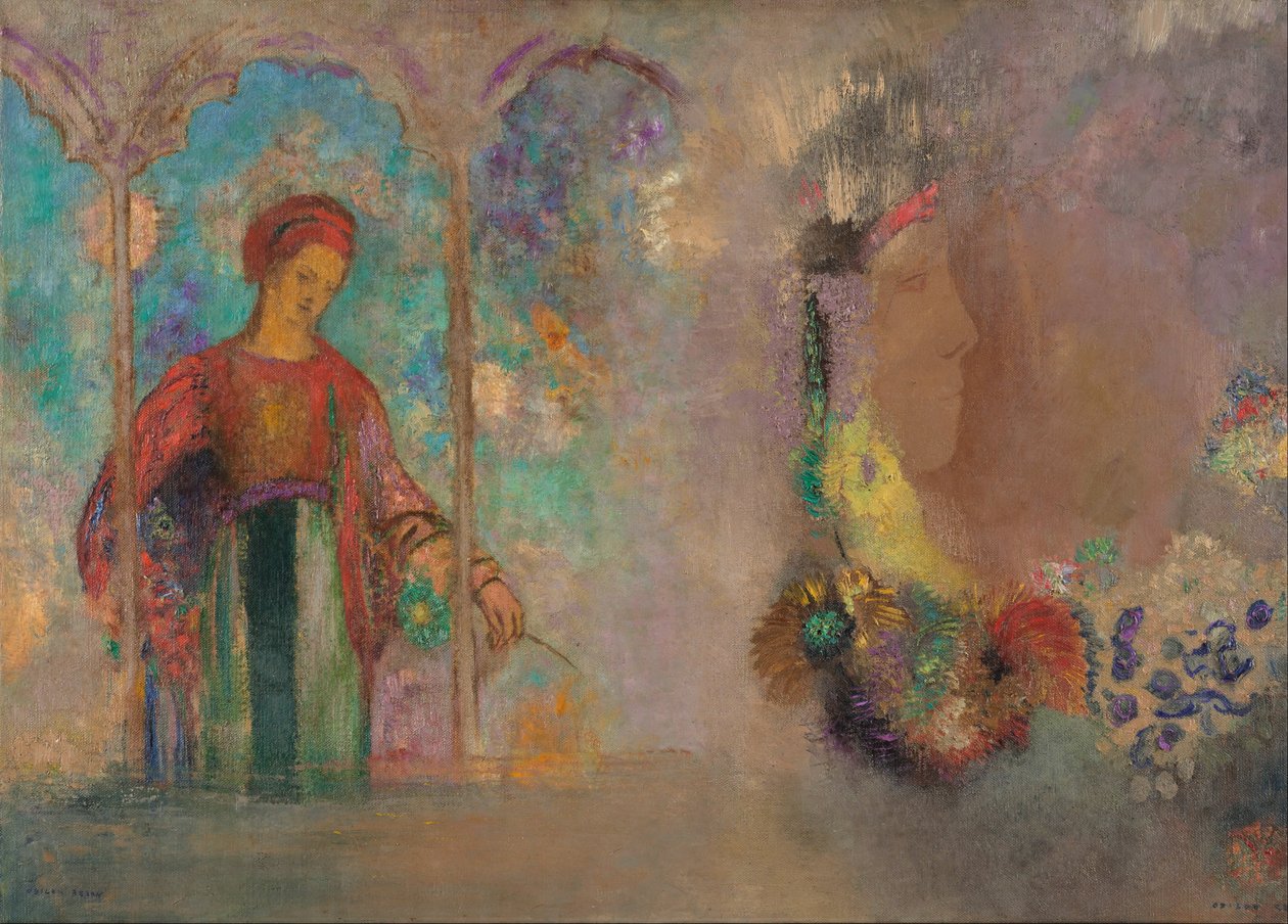 Frau in einer gotischen Arkade - Frau mit Blumen von Odilon Redon