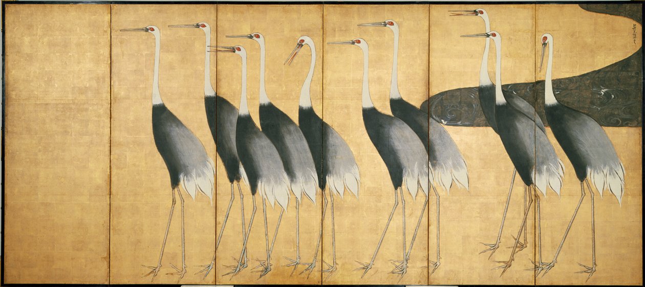 Sechsteiliges Paravent, das Kraniche darstellt, Edo-Periode (Tinte, Farbe, Gold und Silber auf Papier) von Ogata Korin