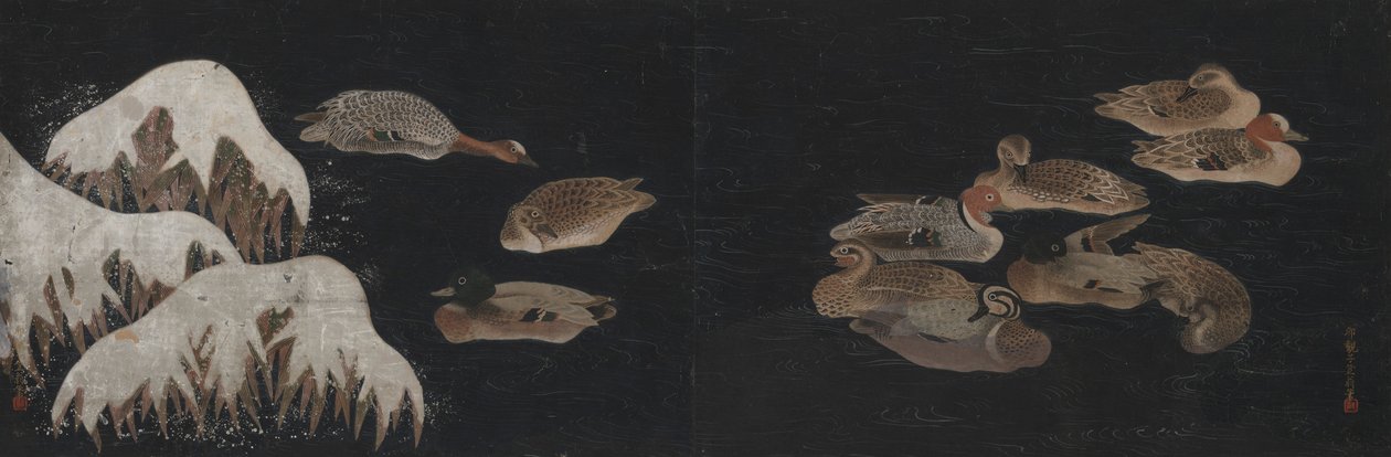 Enten auf einem winterlichen Teich von Ogawa Haritsu