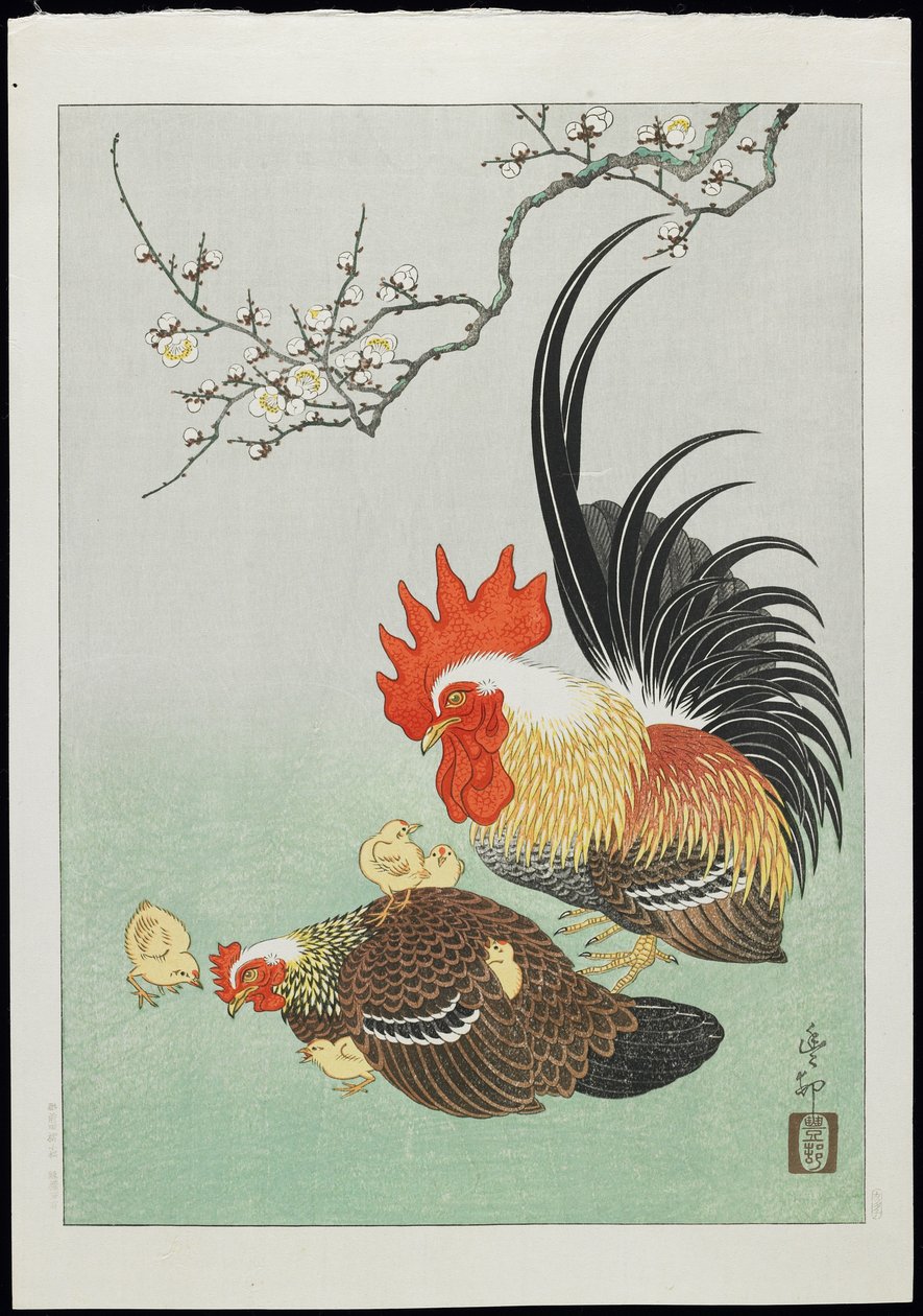 Hahn und Henne mit Küken, 1930er Jahre von Ohara Koson