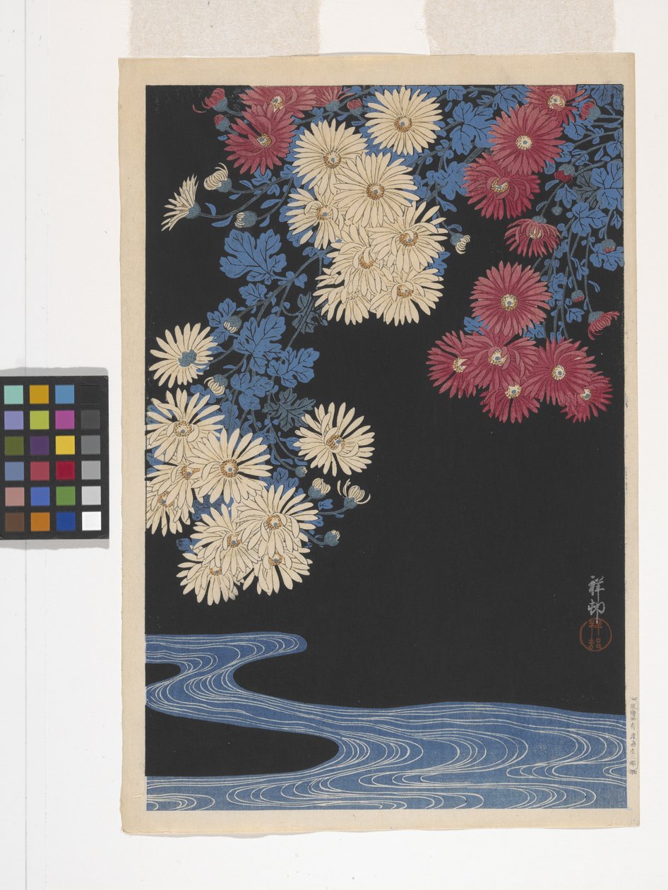 Chrysanthemen und Bach von Ohara Koson