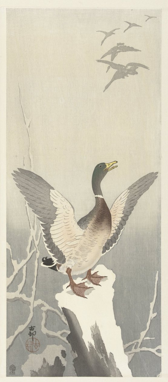 Ente auf verschneitem Baumstumpf von Ohara Koson