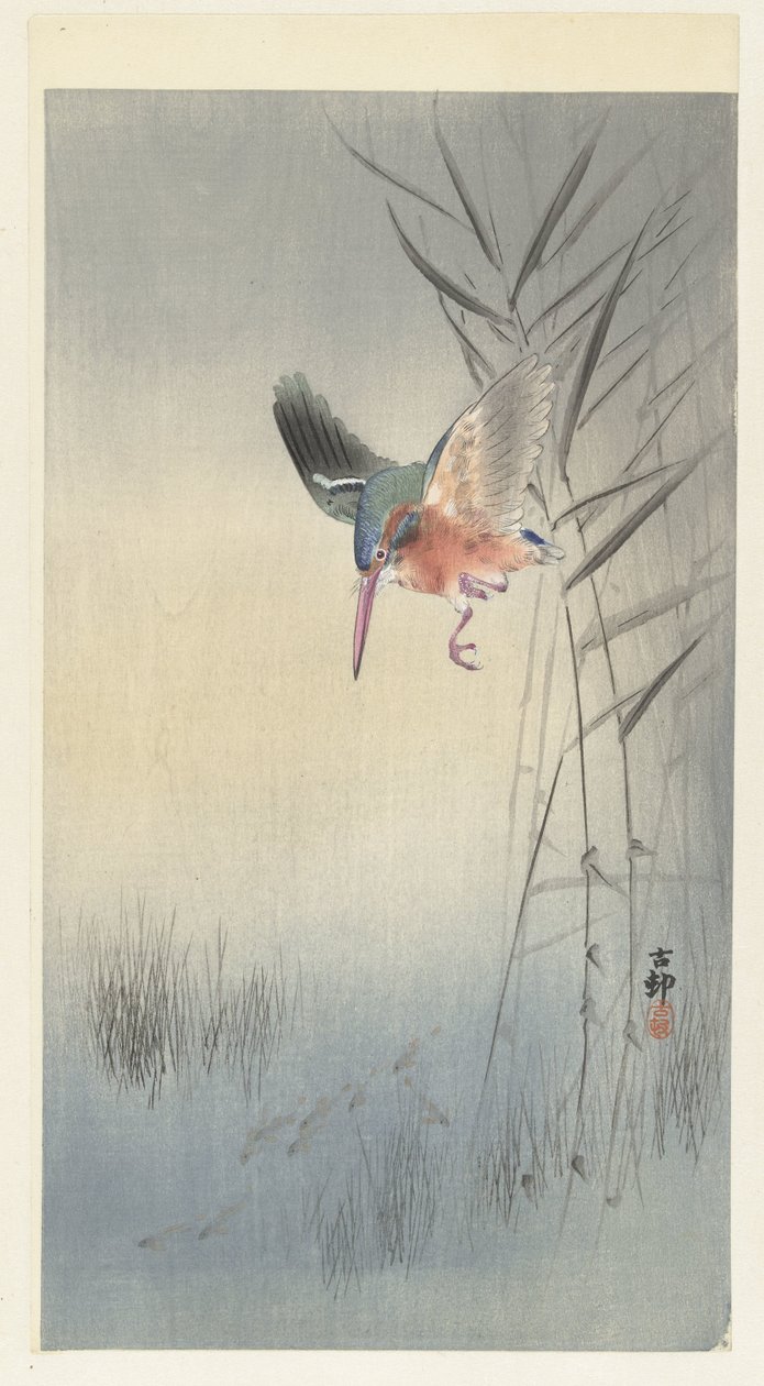 Eisvogel jagt auf Fisch von Ohara Koson