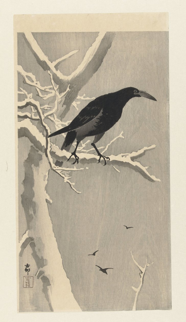 Krähe auf verschneitem Baumzweig von Ohara Koson