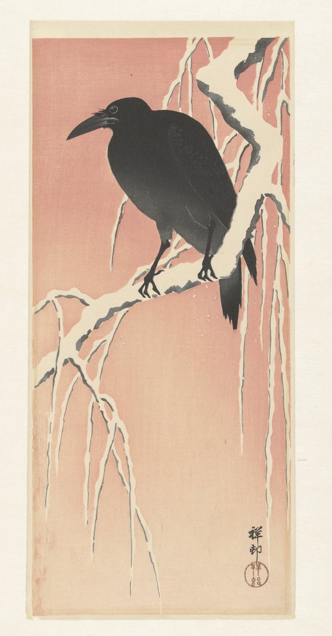 Krähe auf verschneitem Ast von Ohara Koson