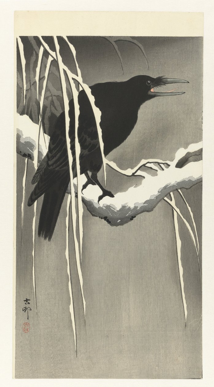 Krähe auf verschneitem Ast von Ohara Koson