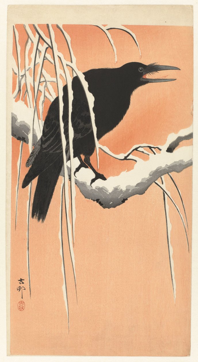 Krähe auf verschneitem Ast von Ohara Koson