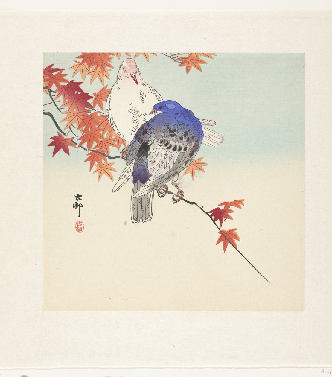 Zwei Tauben auf einem Herbstzweig von Ohara Koson