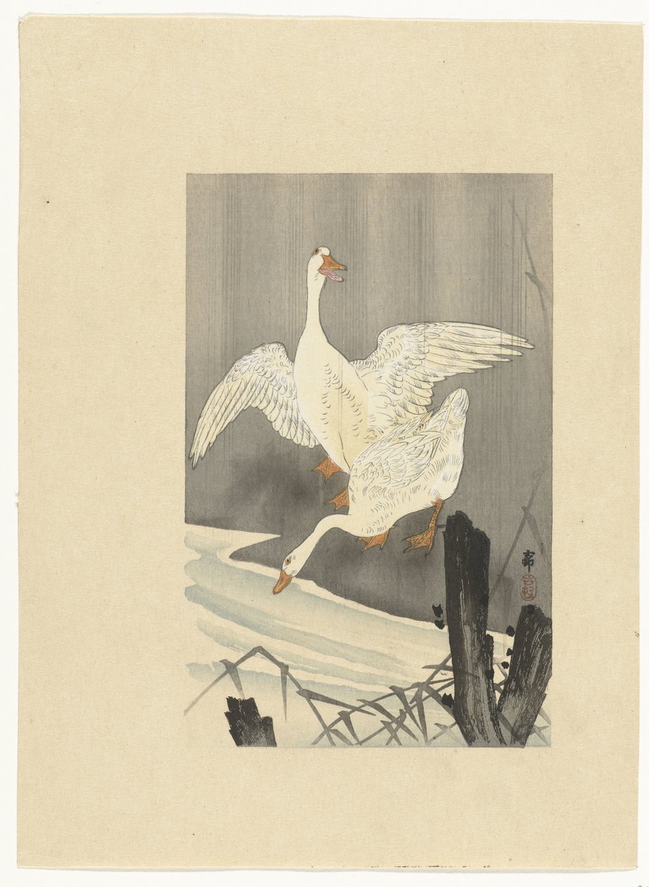 Zwei Gänse an einem Fluss von Ohara Koson