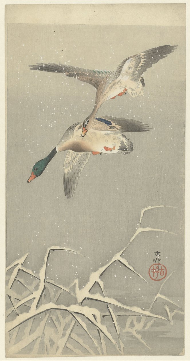 Zwei Wildenten im Flug von Ohara Koson
