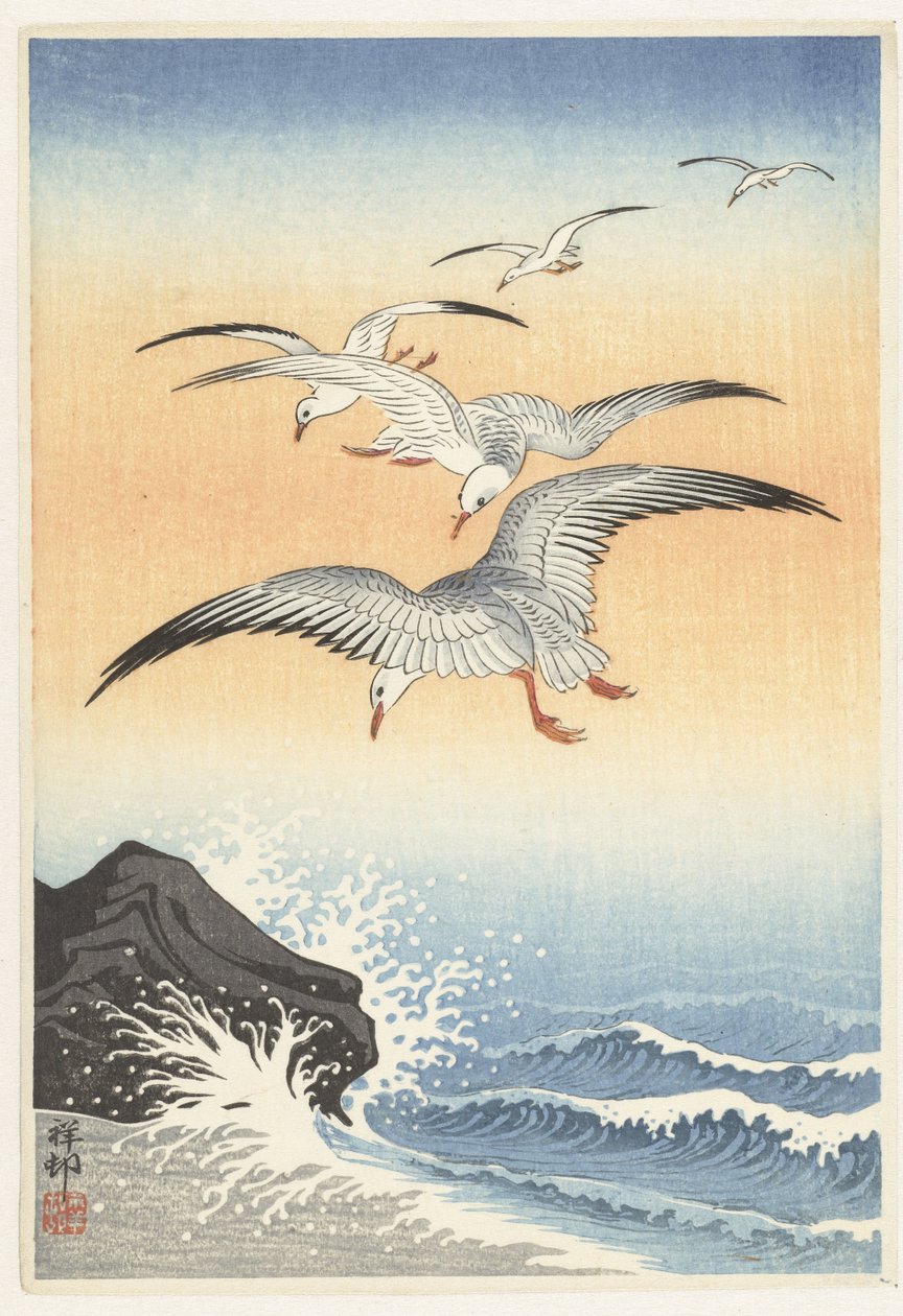 Fünf Möwen über stürmischer See von Ohara Koson