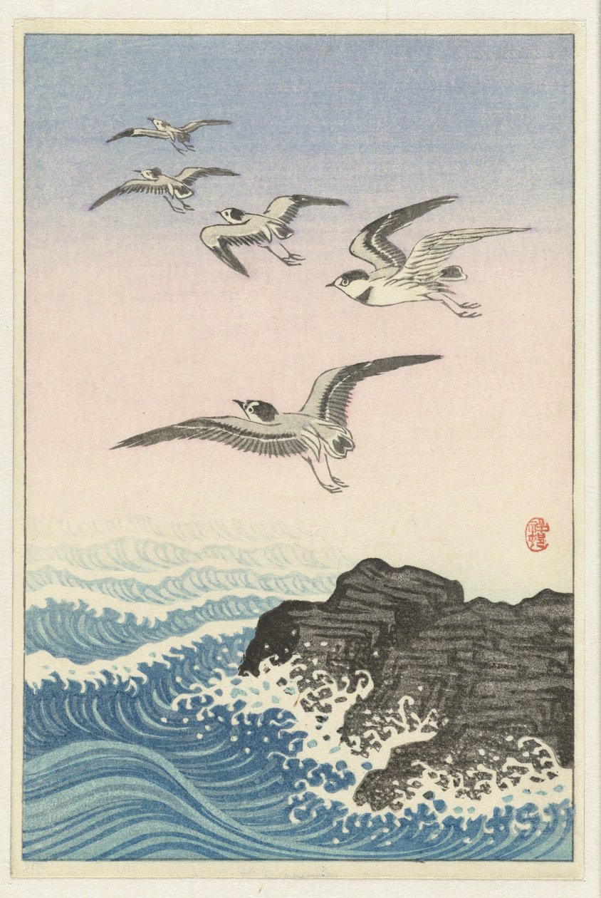 Fünf Möwen über Felsen im Meer von Ohara Koson