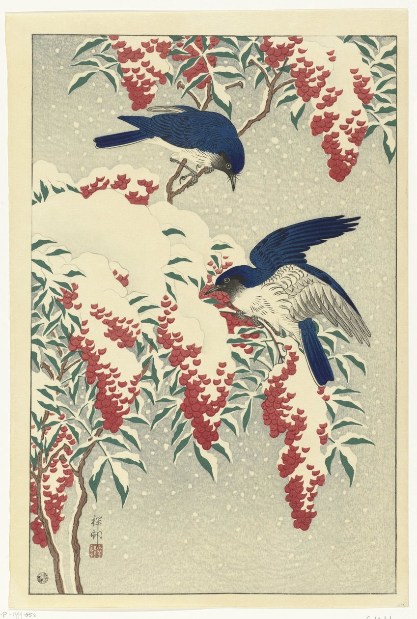 Fliegenfänger auf einem Nandinastrauch von Ohara Koson