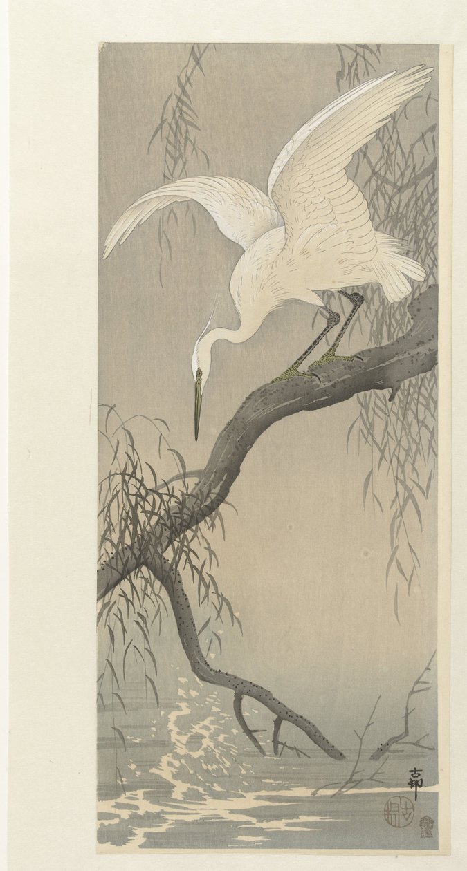 Weißer Reiher auf Baumzweig von Ohara Koson