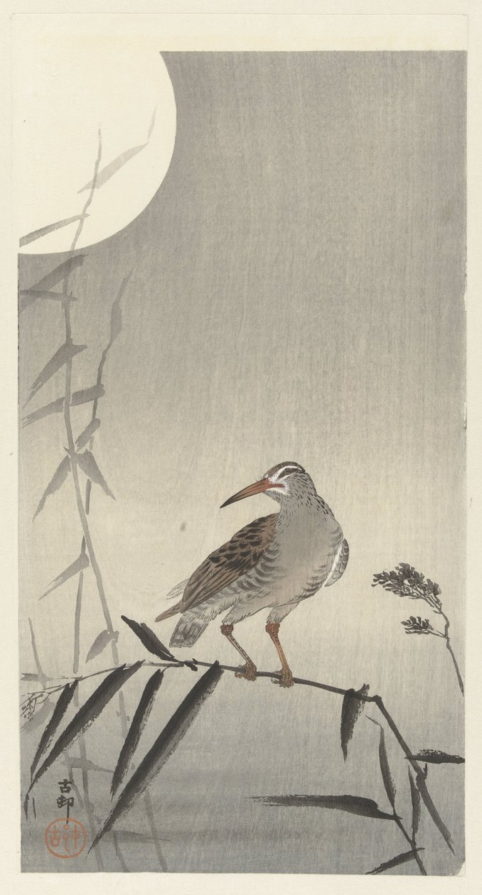 Schwarzer Reiter auf Bambuszweig von Ohara Koson