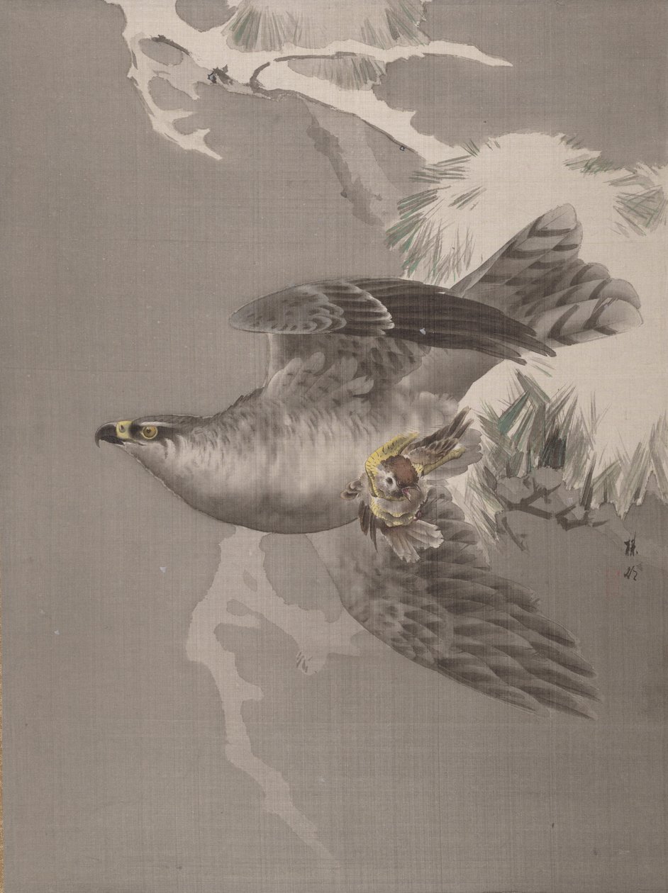 Falke hält einen kleinen Vogel, ca. 1891-92 von Okada Baison