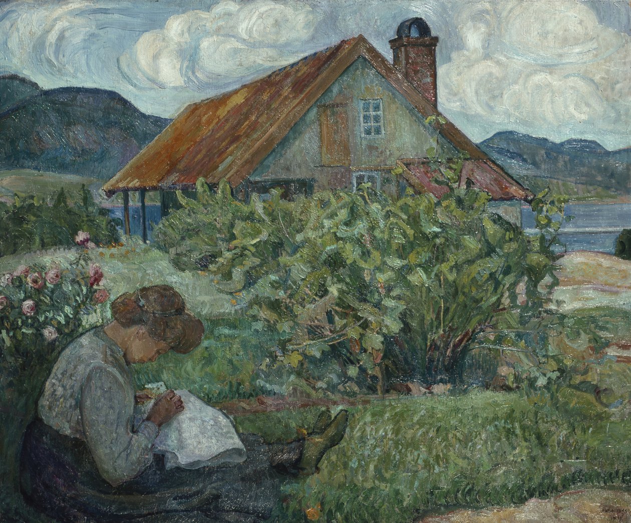 Gogga beim Nähen von Oluf Wold Thorne