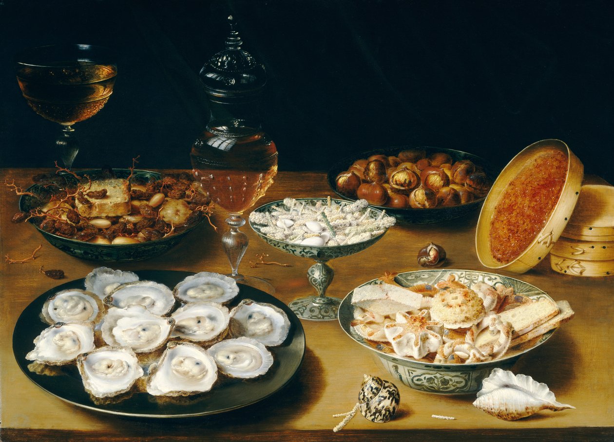 Gerichte mit Austern, Obst und Wein von Osias Beeret