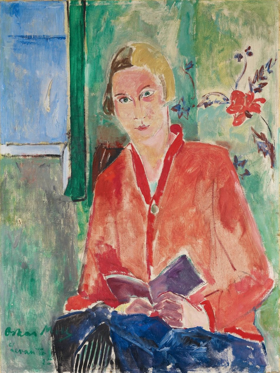 Lesende mit roter Jacke von Oskar Moll