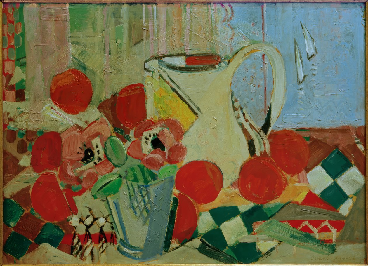 Stilleben mit weißem Krug und Kachelmuster von Oskar Moll