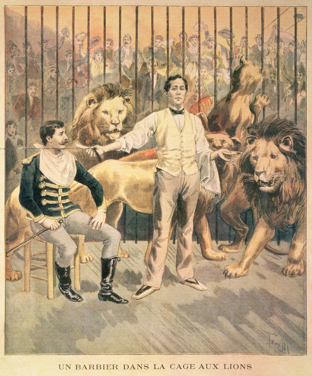 Ein Barbier im Löwenkäfig, 1894 von Oswaldo after Tofani