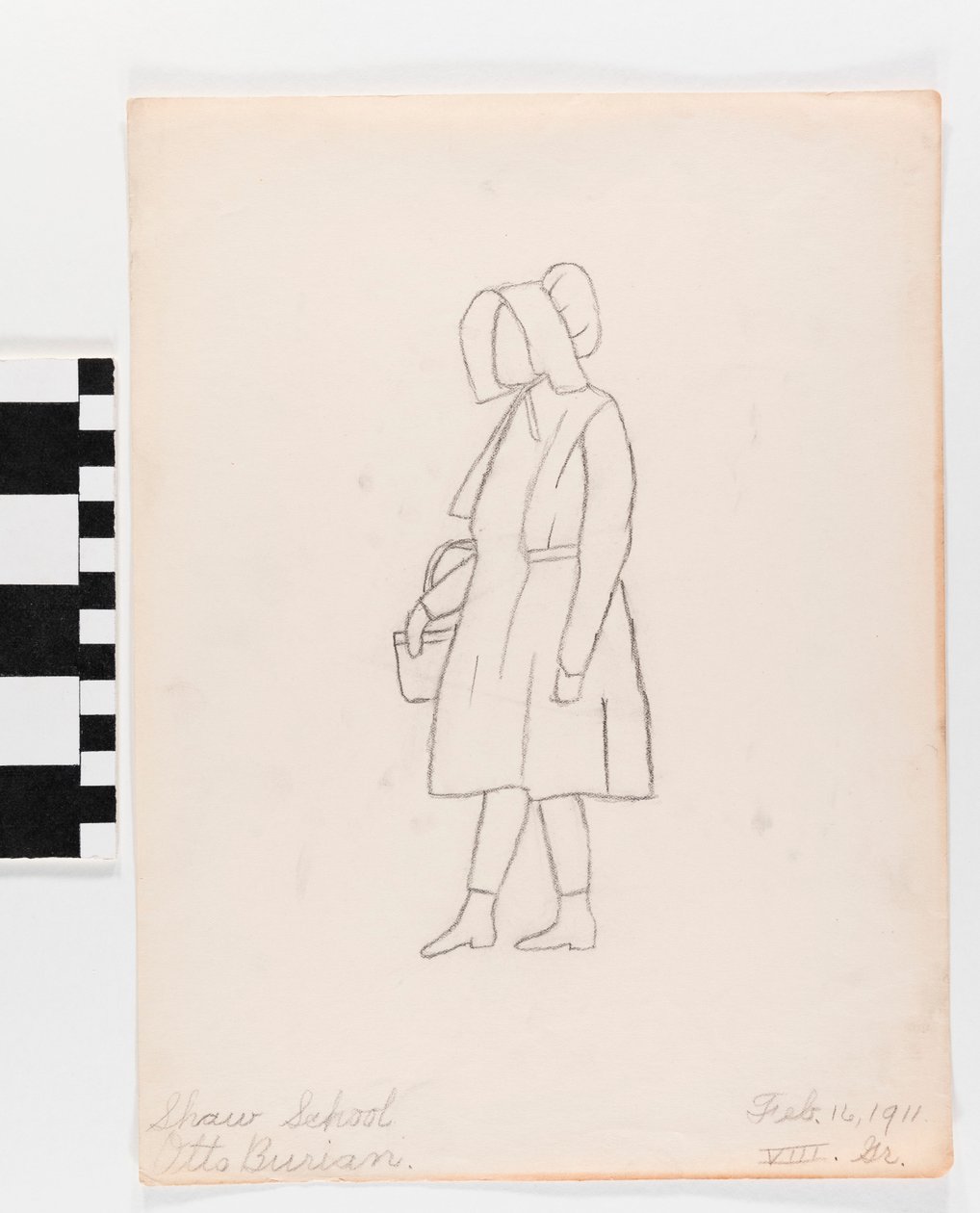 Bleistiftzeichnung auf Papier von einer Person in einem Kleid, die einen Korb trägt und einen Präriehut trägt von Otto Burian