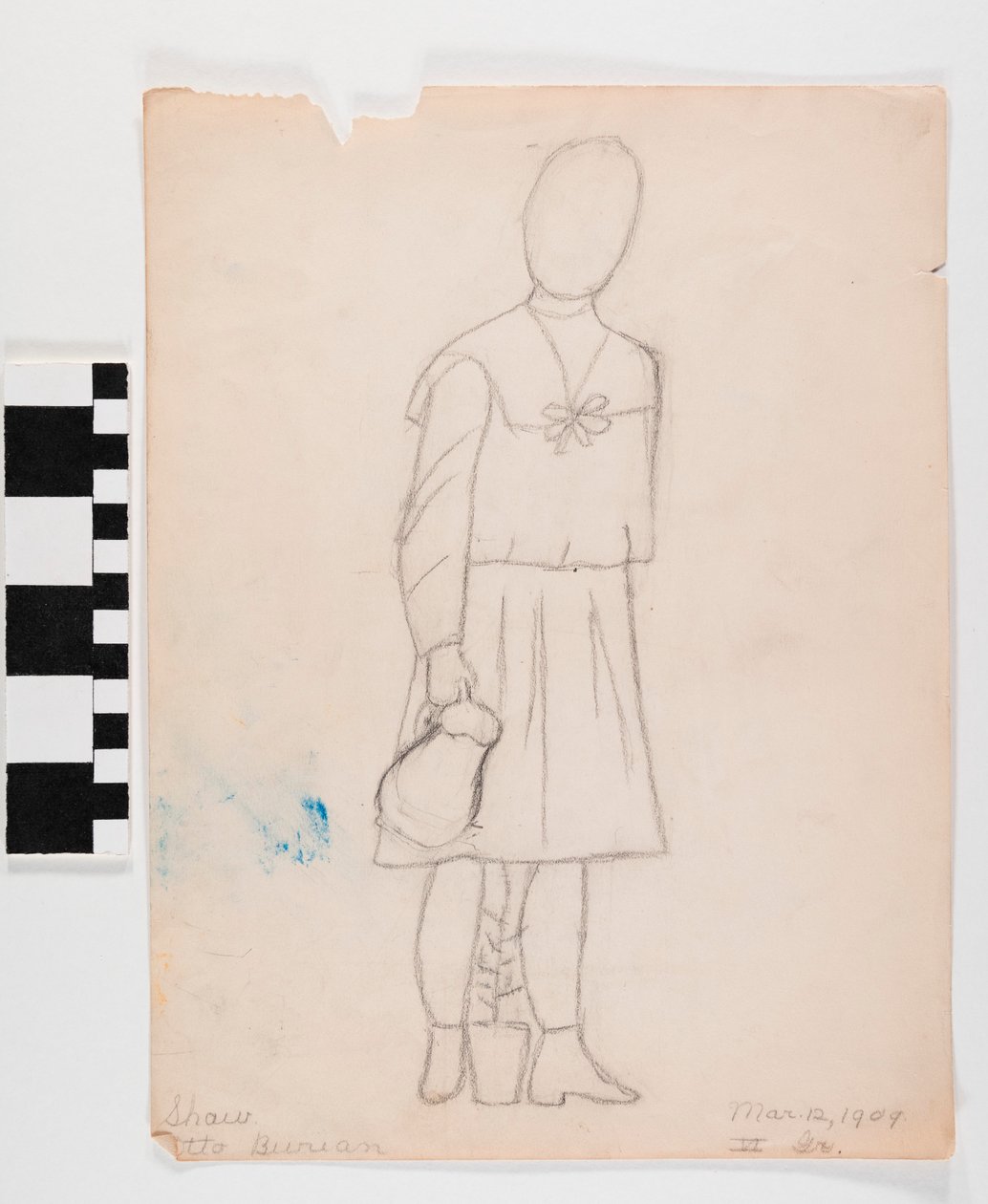 Bleistiftzeichnung auf Papier von einem Mädchen im Kleid, das einen Krug trägt, mit einer Pflanze in einem Pflanzgefäß zu ihren Füßen von Otto Burian