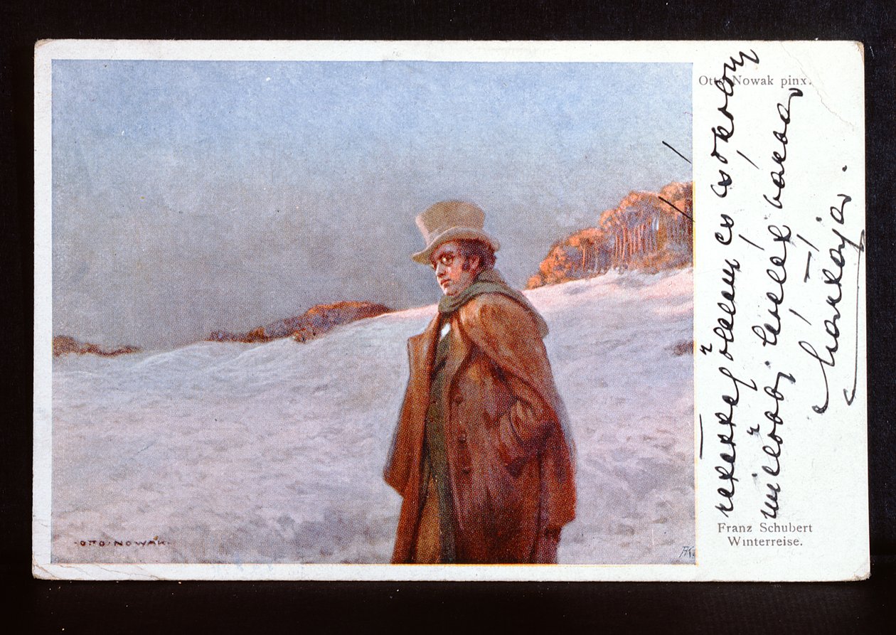 Wiener Postkarte, die Franz Peter Schubert (1797-1828) darstellt und seinen Liederzyklus 