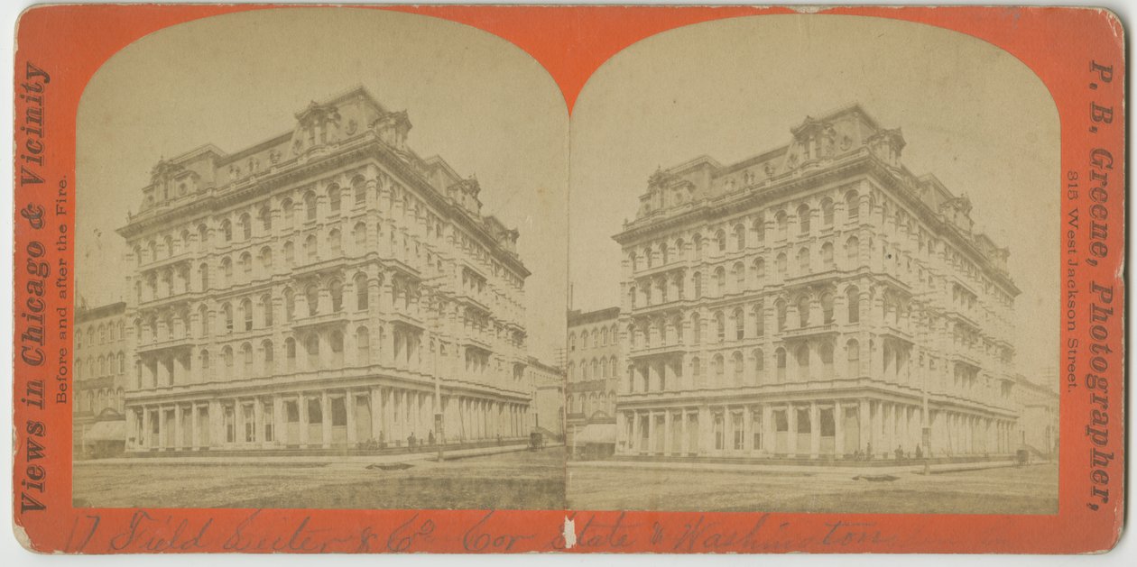 Field, Leiter & Company Geschäft an der Ecke State und Washington Streets, Chicago, ca. 1869 von P.B. Greene