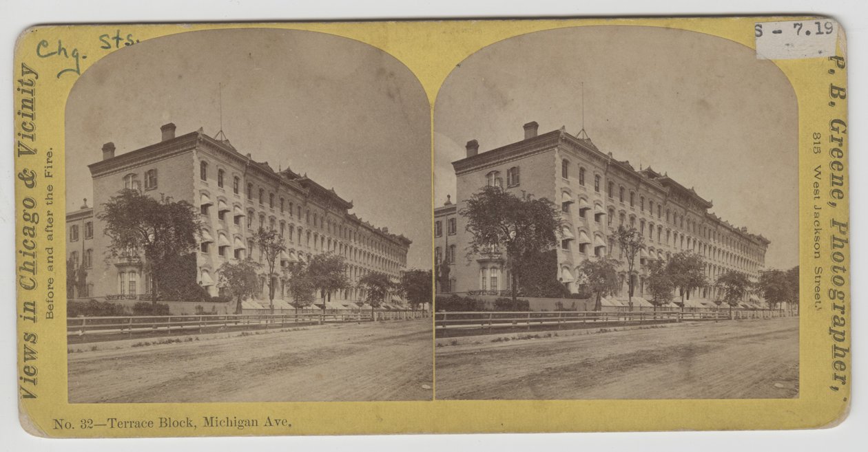 Stereographische Ansicht des Terrace Block an der Michigan Avenue vor dem Chicagoer Feuer von P.B. Greene