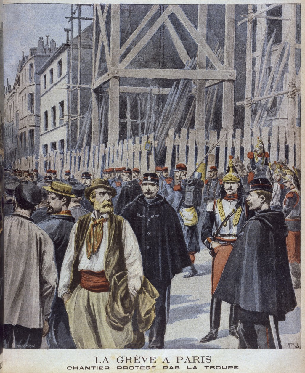 Streik in Paris, Baustelle geschützt durch die Armee, Illustration aus 