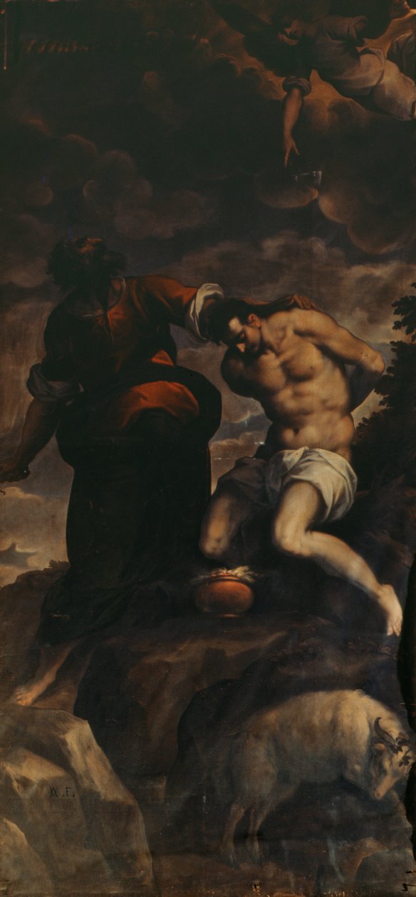 Szene von einer Orgeltür, Abraham und Isaak, 1600 von Palma Il Giovane