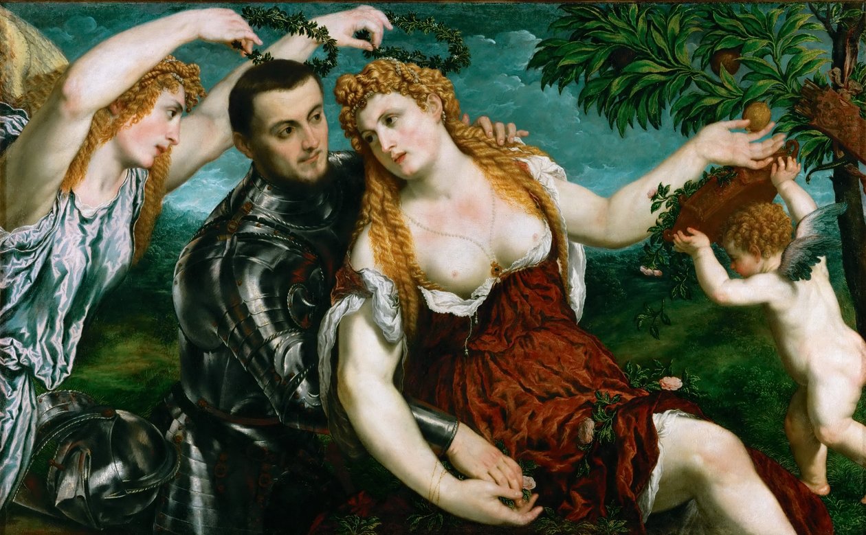 Allegorie (Mars, Venus, Victoria und Amor) Venus, Mars und Amor von Victoria gekrönt von Paris Bordone