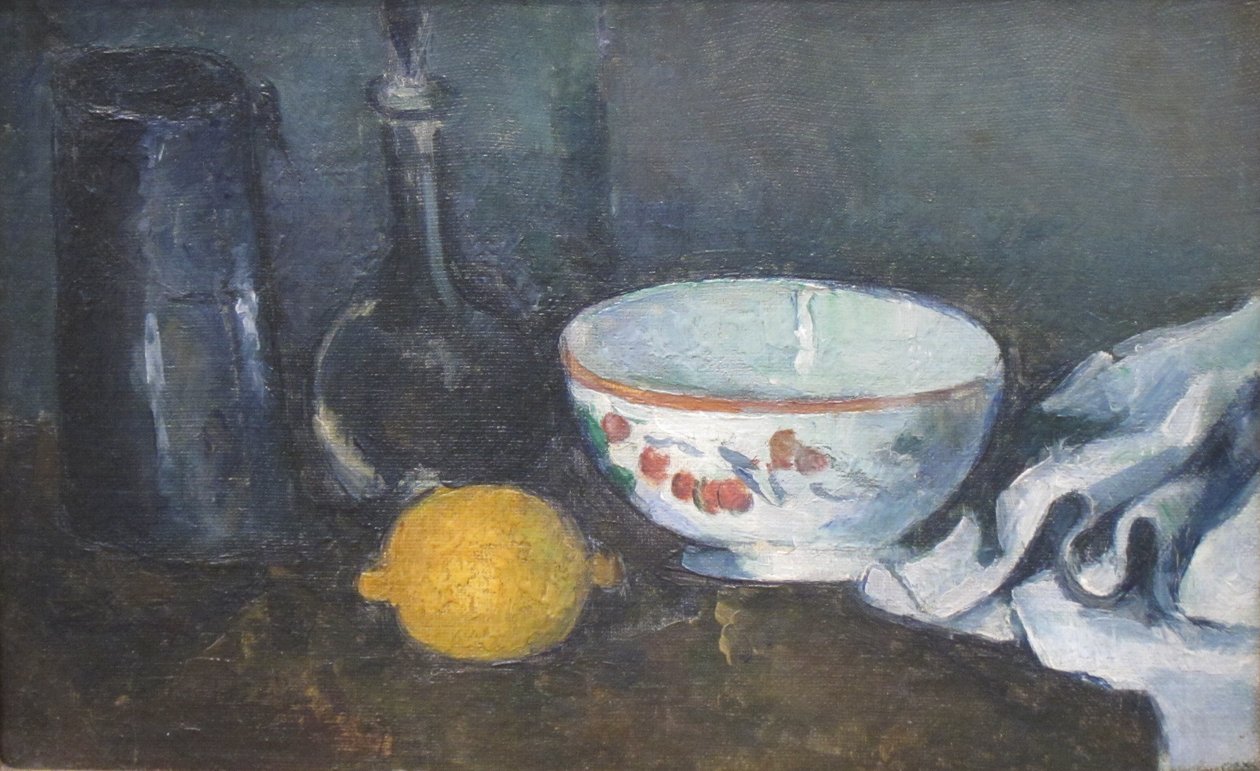 Stillleben in Blau mit Zitrone von Paul Cézanne