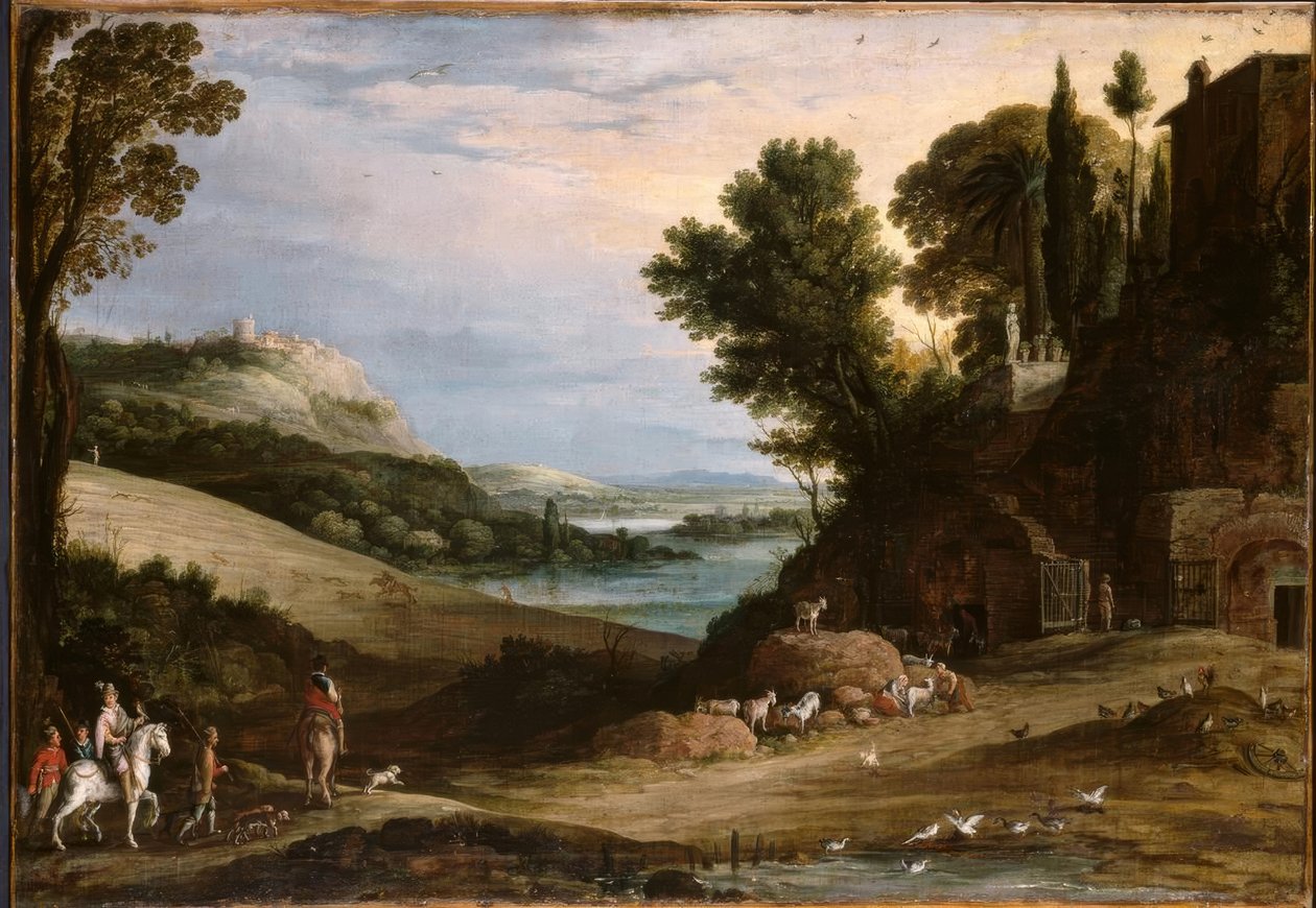 Italisierende Landschaft mit Falkenjagd von Paul Bril