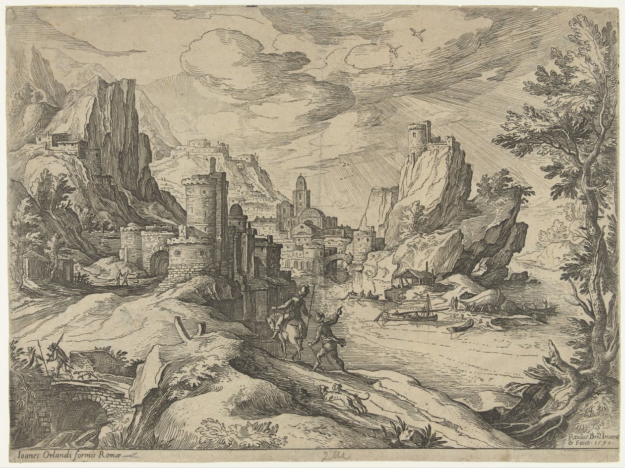 Felsenküste in Kampanien mit Stadt und Reisenden von Paul Bril