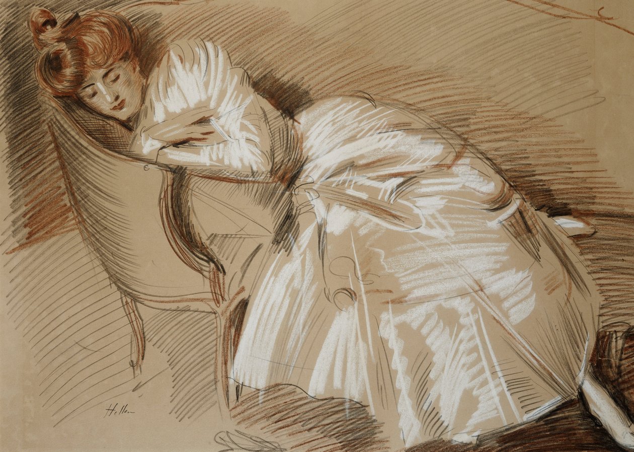 Madame Helleu, die auf einer Chaiselongue liegt von Paul Cesar Helleu