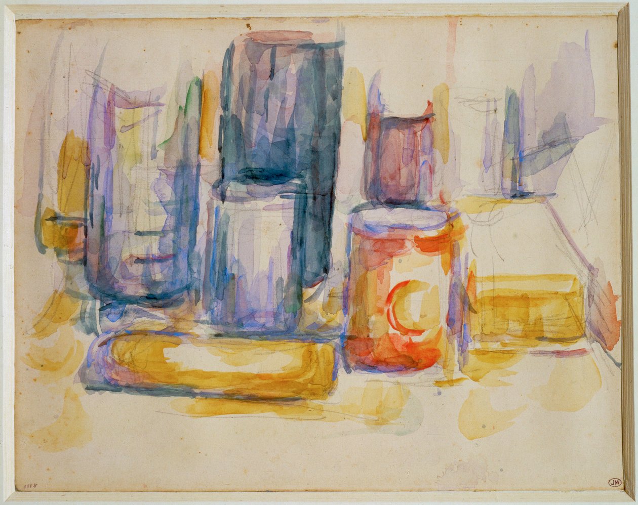 Ein Küchentisch, Töpfe und Flaschen von Paul Cézanne