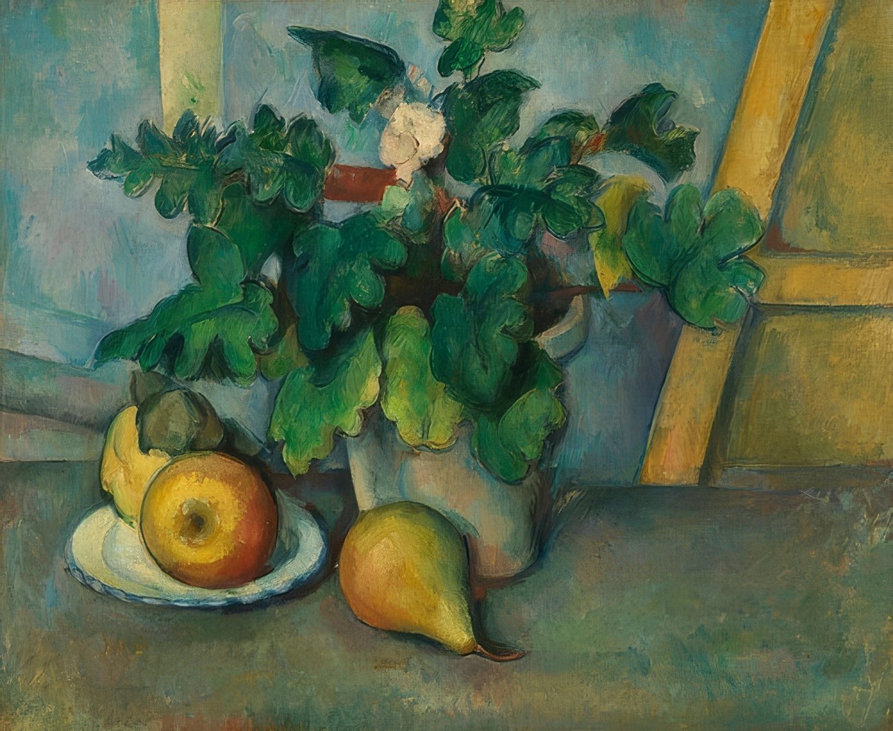 Topf mit Primeln und Obst von Paul Cézanne