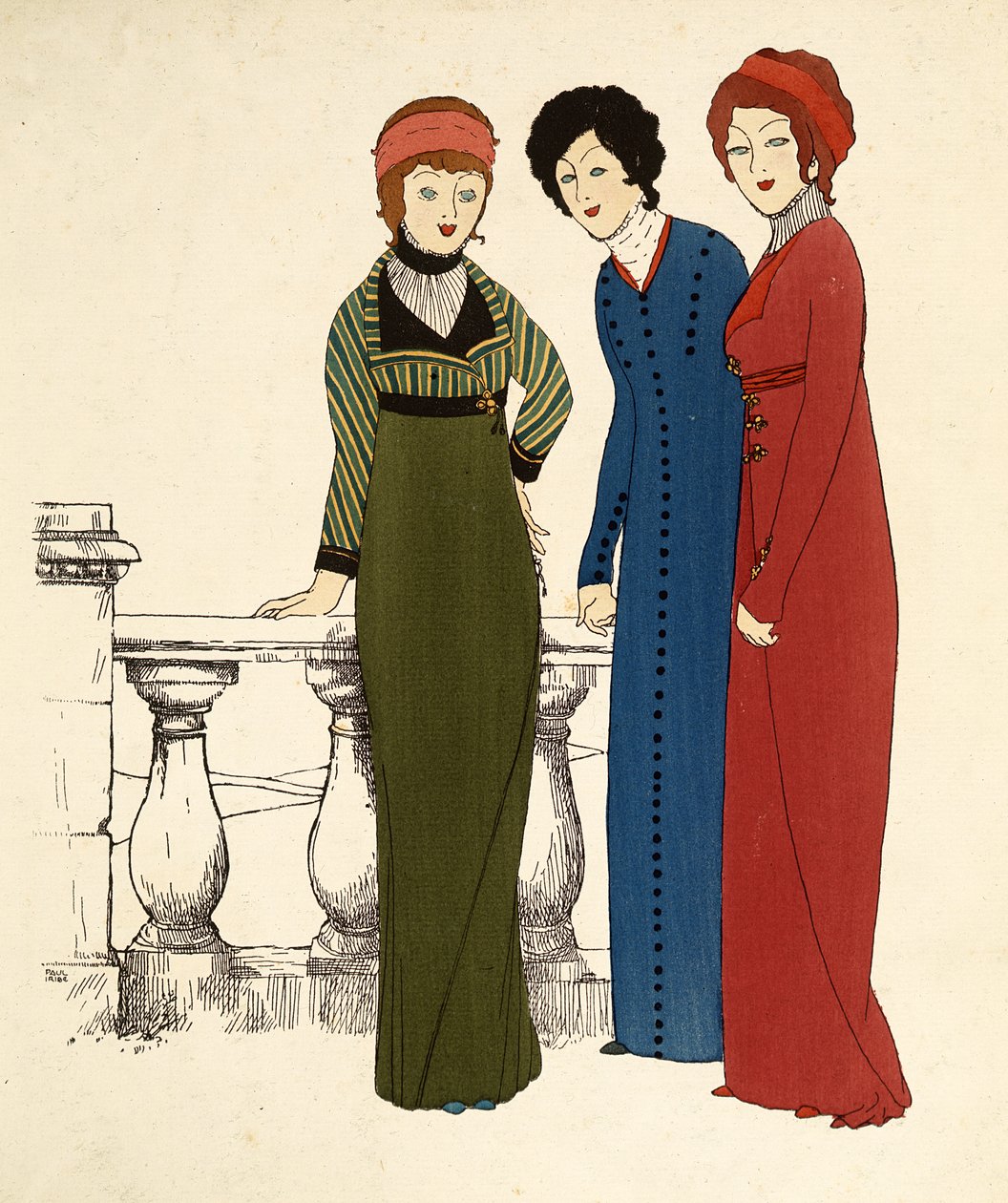 Drei Damen in Kleidern (Farblithographie) von Paul Iribe