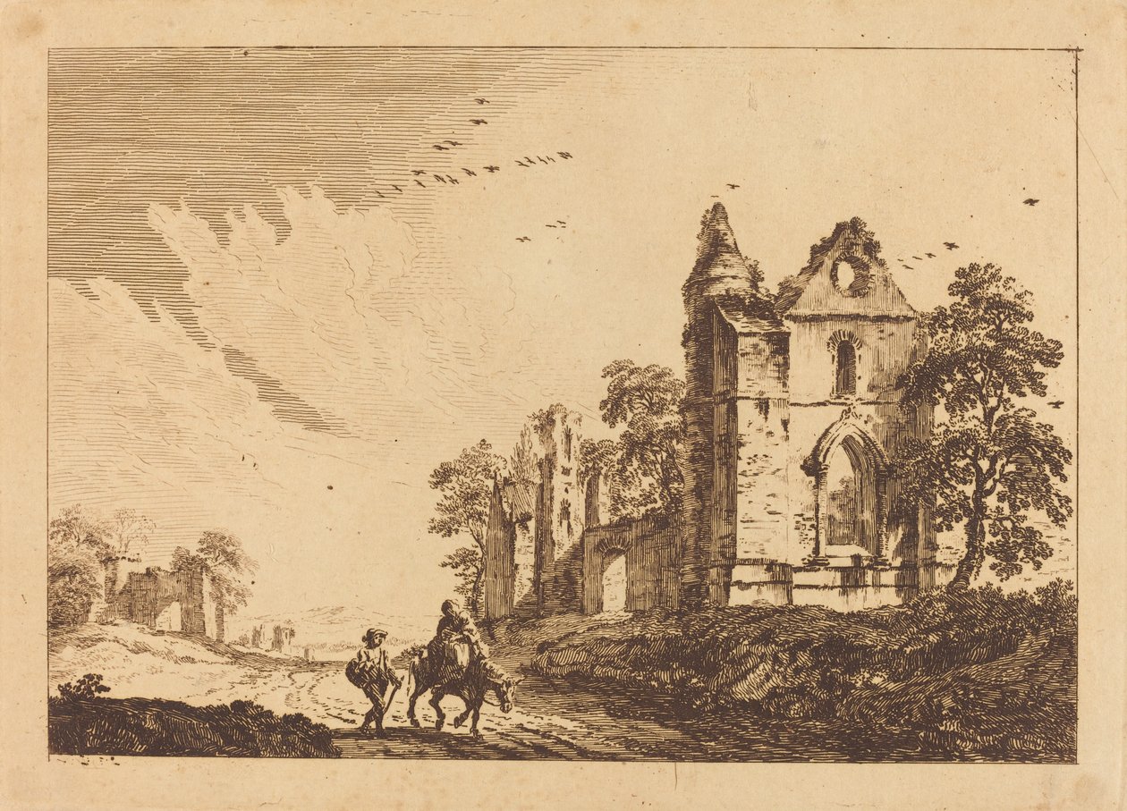 Ruine einer Abtei mit Reisenden auf der Straße von Paul Sandby