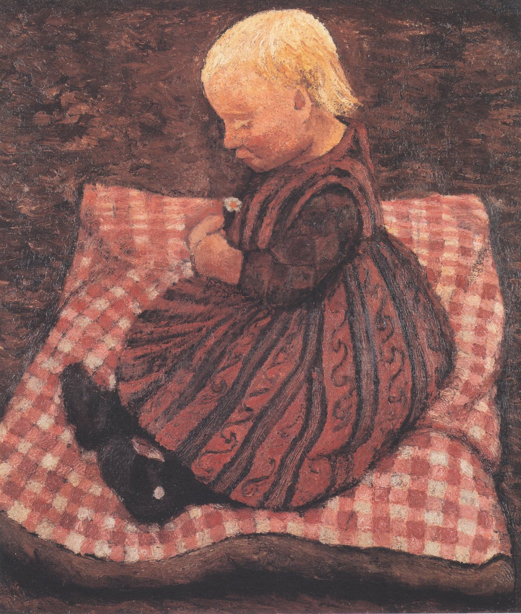 Kind auf rotgewürfeltem Kissen von Paula Modersohn Becker