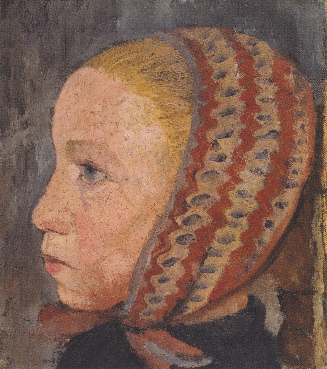 Mädchenkopf mit gestreifter Mütze im Profil nach links von Paula Modersohn Becker