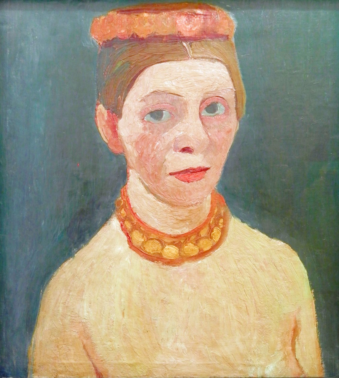 Selbstbildnis mit rotem Blütenkranz und Kette von Paula Modersohn Becker